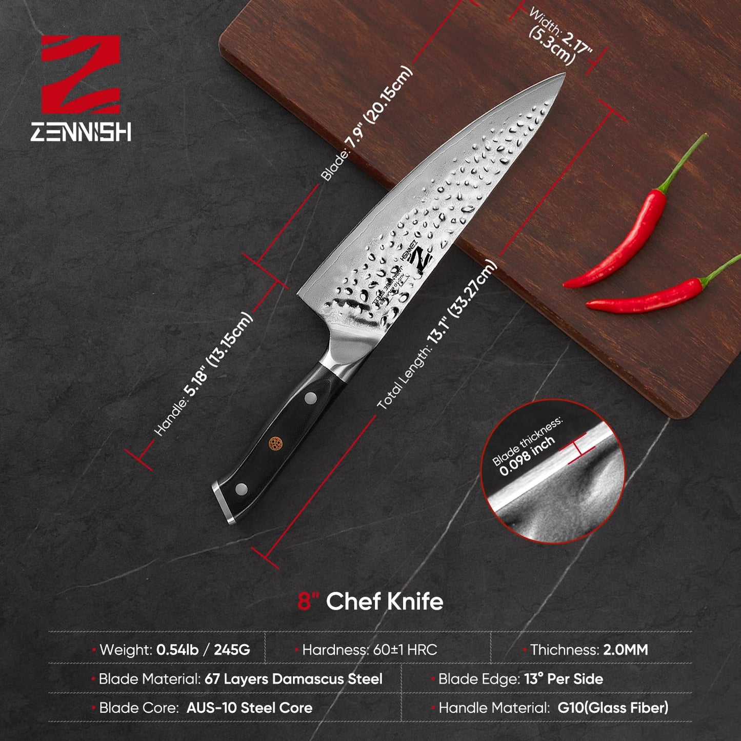 【Chef Choice】 8 Inch Damascus Chef Knife, Anti-Stick Hammered Blade, Japanese AUS-10 67-Layer Kitchen Knife, Ergonomic G10 Handle, Professional Meat & Vegetable Cooking Knife, Gift Box