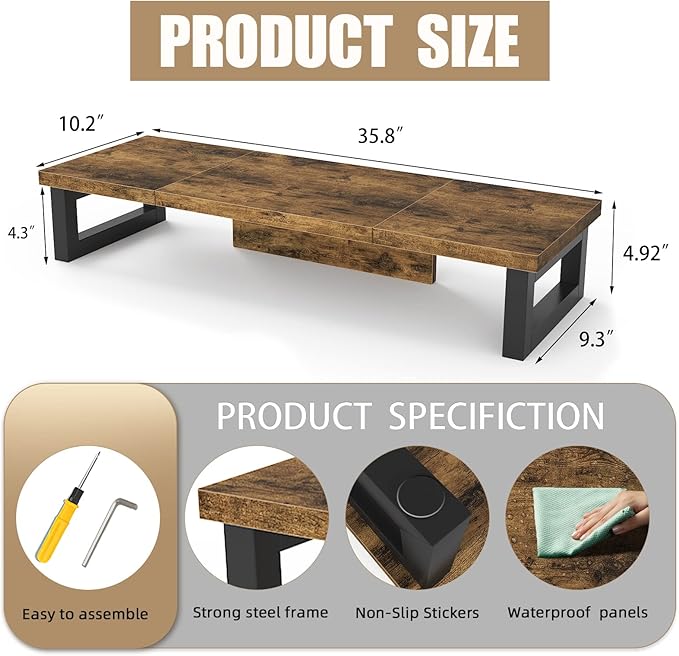 WESTREE Dual Monitor Stand Riser, Wood and Steel Monitor Stand Riser, Computer Monitor Stand for 2 Monitors, Multi-Purpose Desktop Storage Stand for Computer,Laptop,Printer,TV