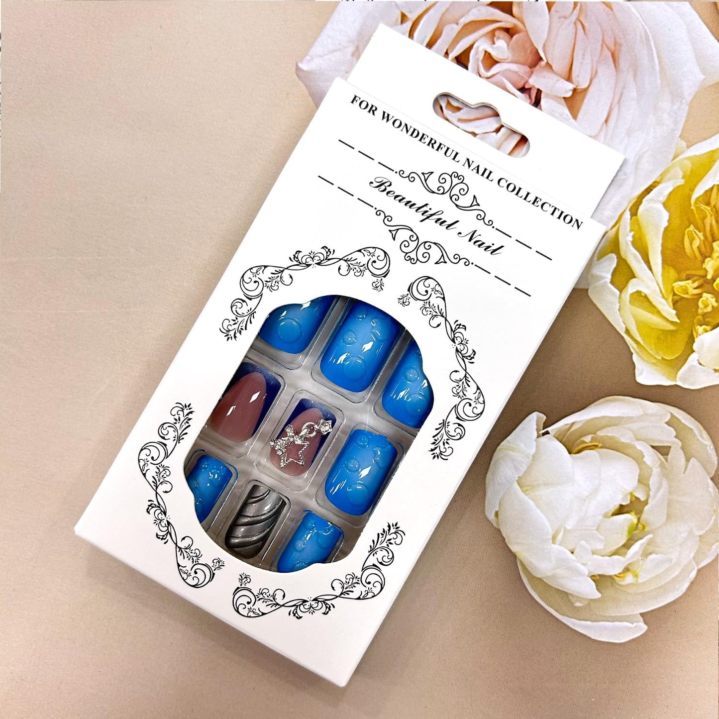 Press on Nails Short Length Blue Smudge False Nails 3D Stripe Silver Starlink Design Acrylic Nails Press Nails with Charm Artificial Stick on Nails Full Cover Reusable Acrylic Glue on Nails for Women