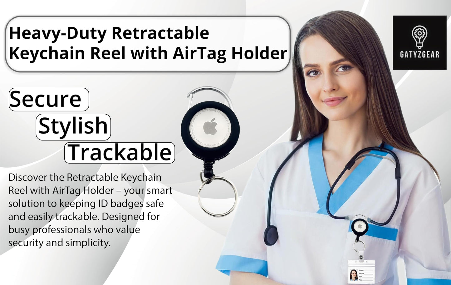 GATYZGEAR Metal Retractable Keychain Reel with AirTag Holder | Heavy-Duty Retractable Keychain & Carabiner Badge Holder | Extendable Badge Reel | Apple AirTag-Compatible Tracker for Security