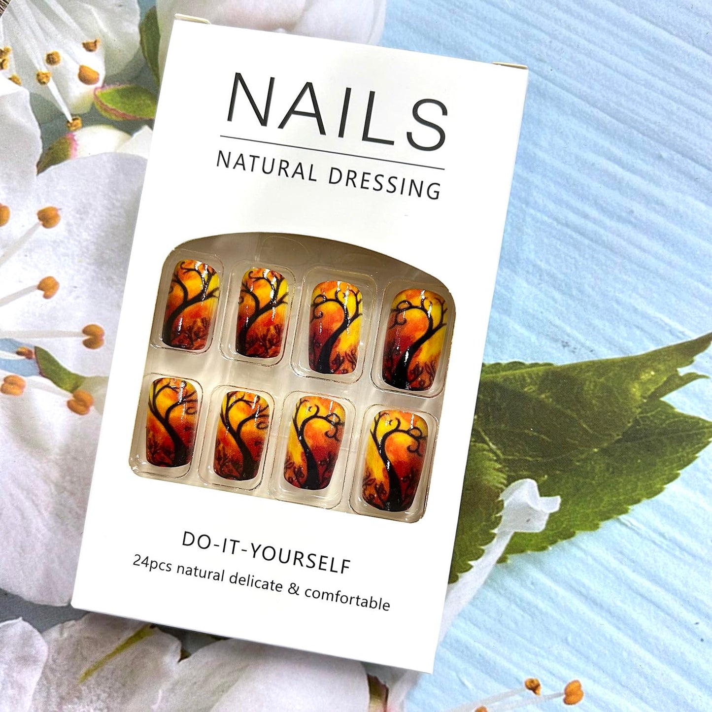 CJDLTS Press on Nails Medium Black Forest Design Orange Square False Nails Glitter Artificial Full Cover Acrylic Coffin Reusable Glue on DIY Stick on for Women 24Pcs