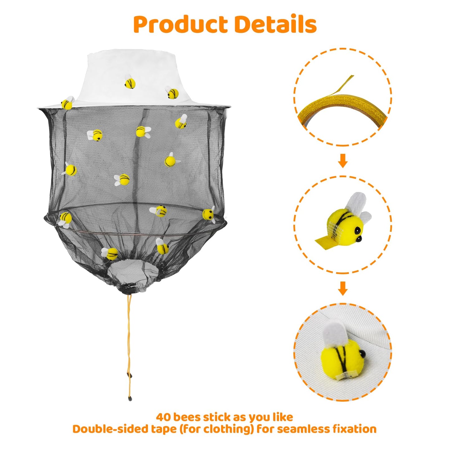 Beekeeper Hat Costume Set Includes 2 Beekeeper Hats and Veils, 40 Felt Bees, 1 Roll Of Double-Sided Tape, A Helmet, And A Fun Beecatcher Costume For A Halloween-Themed Party DIY