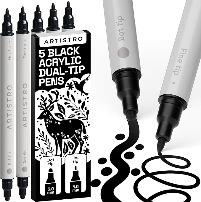 ARTISTRO 5 Black Acrylic Paint Markers for Rock, Fabric, Wood, Glass, Decoration - Dual-Tip Paint Pens for Coloring Books for Adults, Teens, Kids - Art and Craft Supplies Kit - Gift Idea