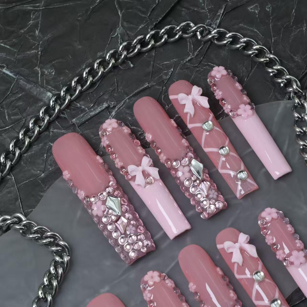 Haozerart Handmade XXL Extra Long Square Press On Nails, Pink French Tip with Bow & Luxury Rhinestones, Salon Fake Nail Kit 10Pcs M Size for Women
