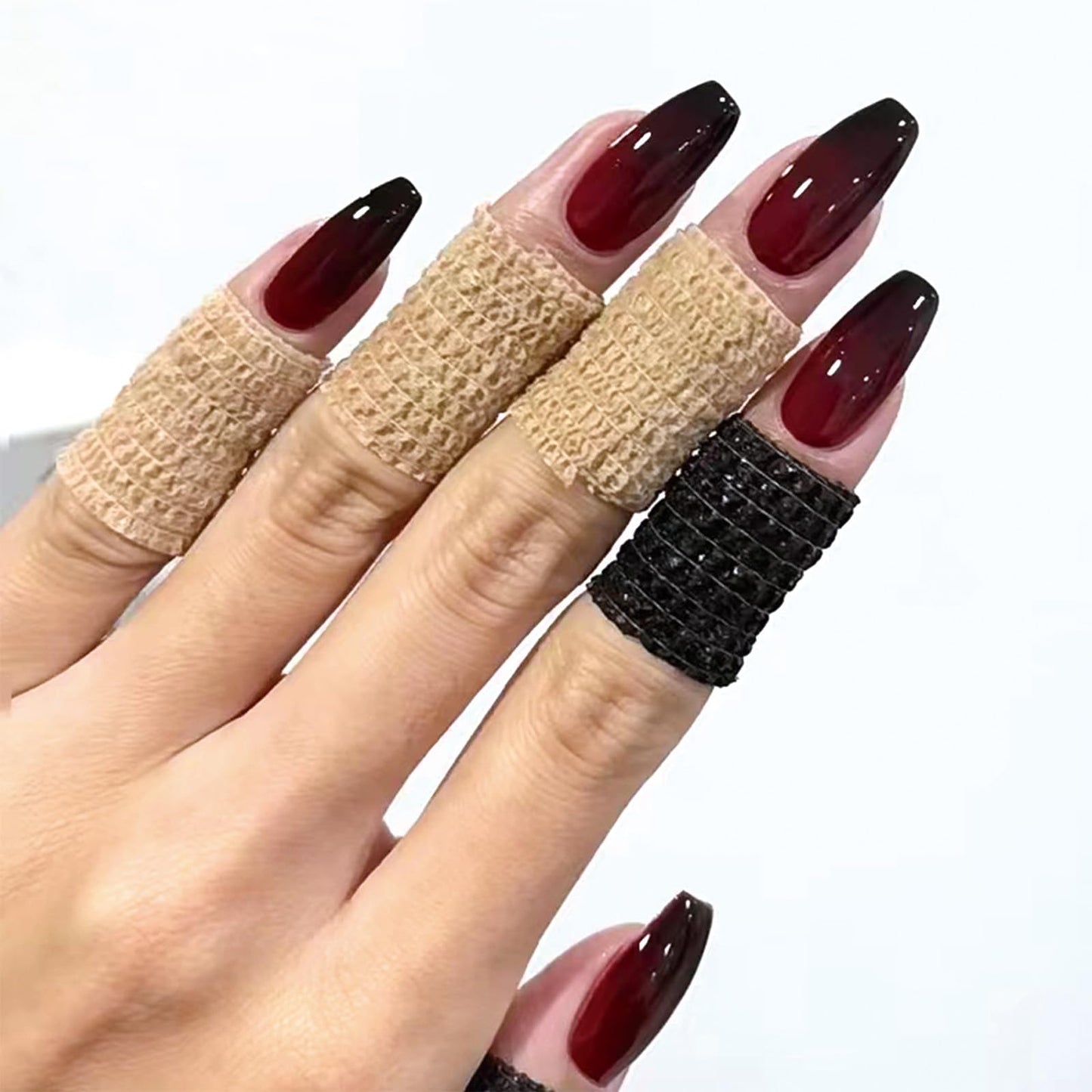 SINHOT Medium Press on Coffin Fake Nails - Black Red Goth Ballerina Acrylic Glossy Glue on Stick on False Nails with Design - 24pcs