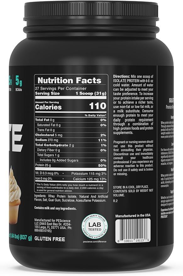 PEScience Isolate Whey Protein Powder, Vanilla Cupcake, 27 Servings, 100% Whey Protein Isolate, Low Carb, Fast Absorbing, Post Workout, Clean Protein for Women and Men
