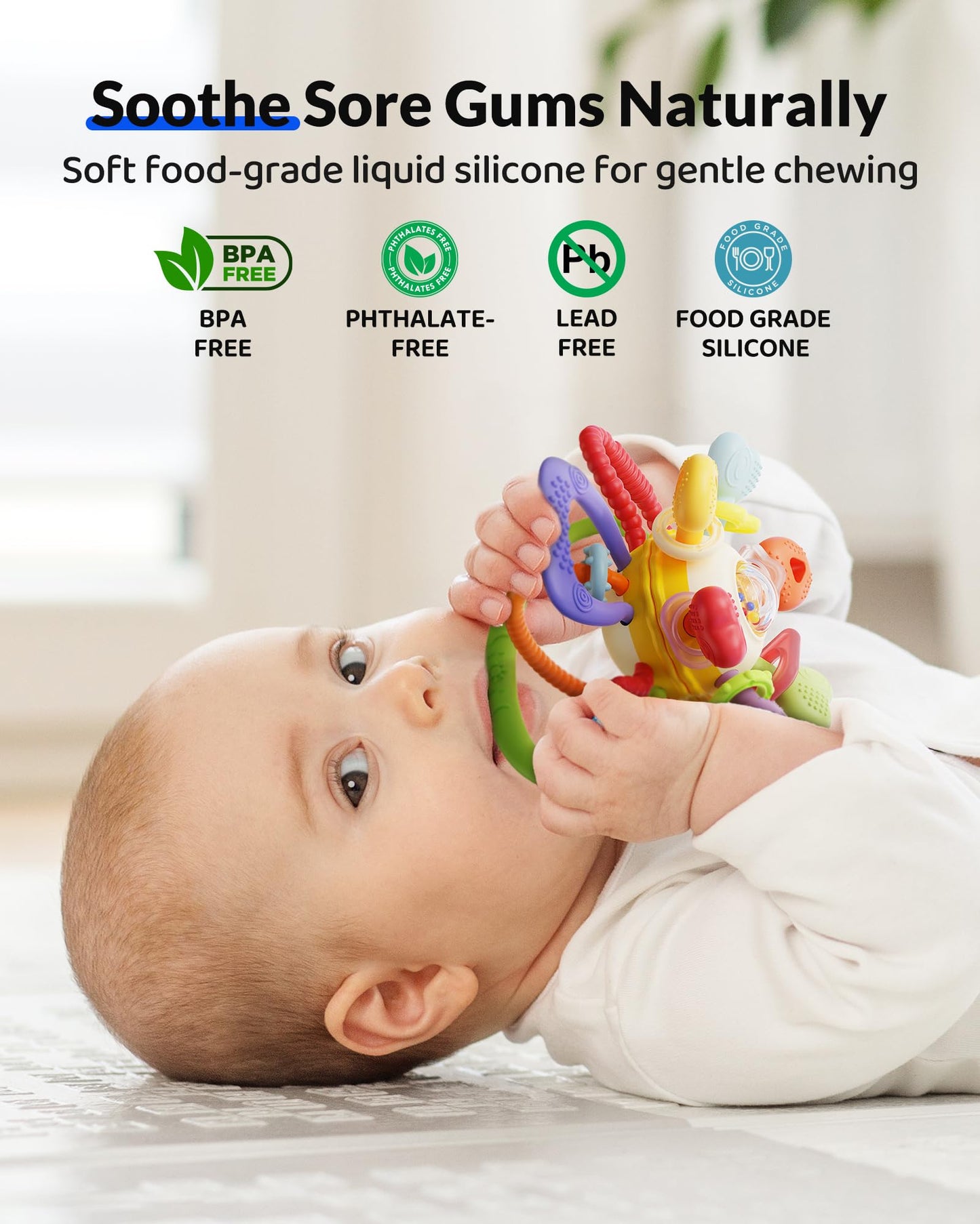 Baby Montessori Sensory Teething Toy - Safe, Multi-Functional BPA-Free Silicone Teether for Babies 0-12 Months - Teething Relief & Fun Play with Rattle - Perfect Baby Toys for Boys & Girls