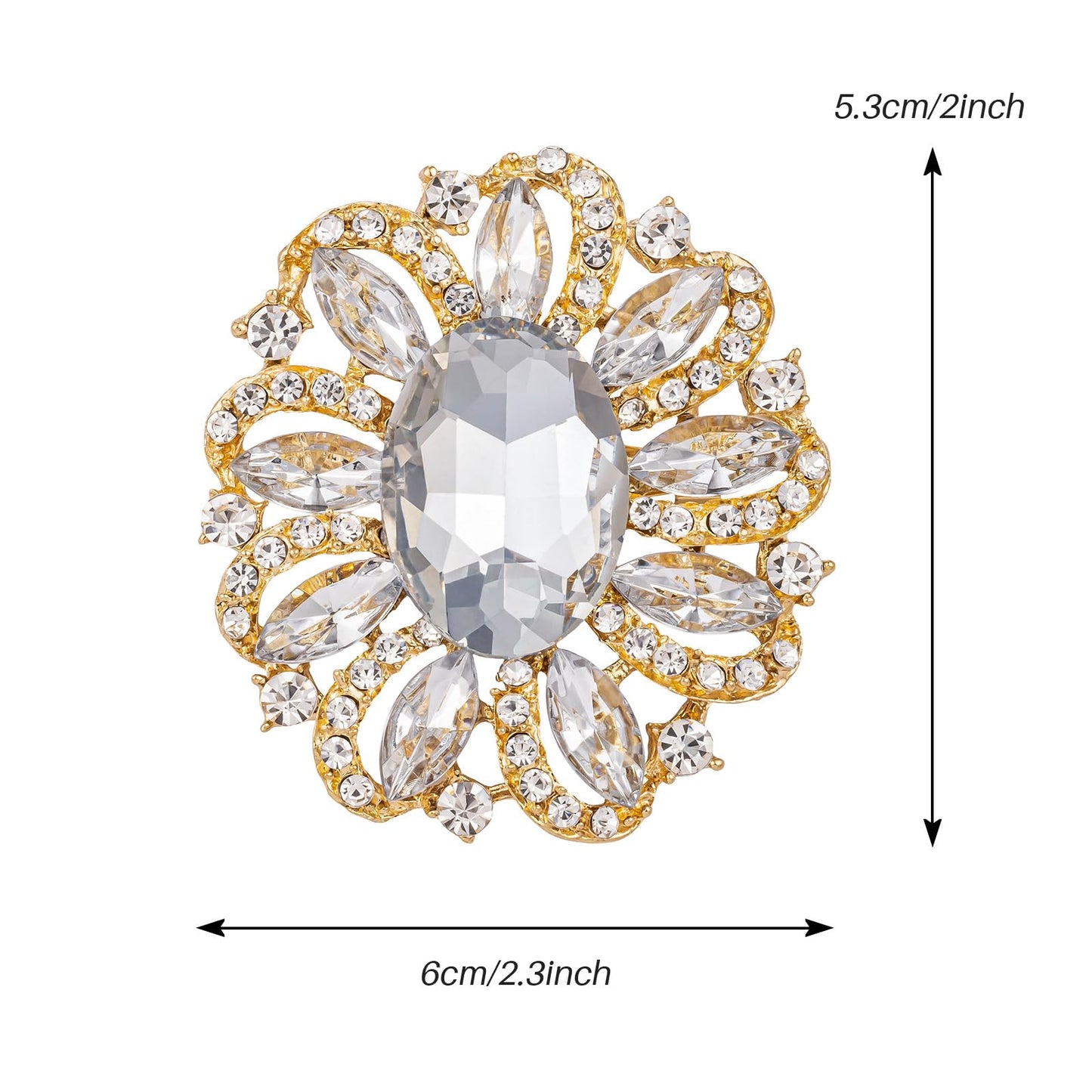 SELOVO Crystal Brooch with Oval Center Stone Sparkling Rhinestone Vintage Flower Design Wedding Bridal Pin Gold Tone