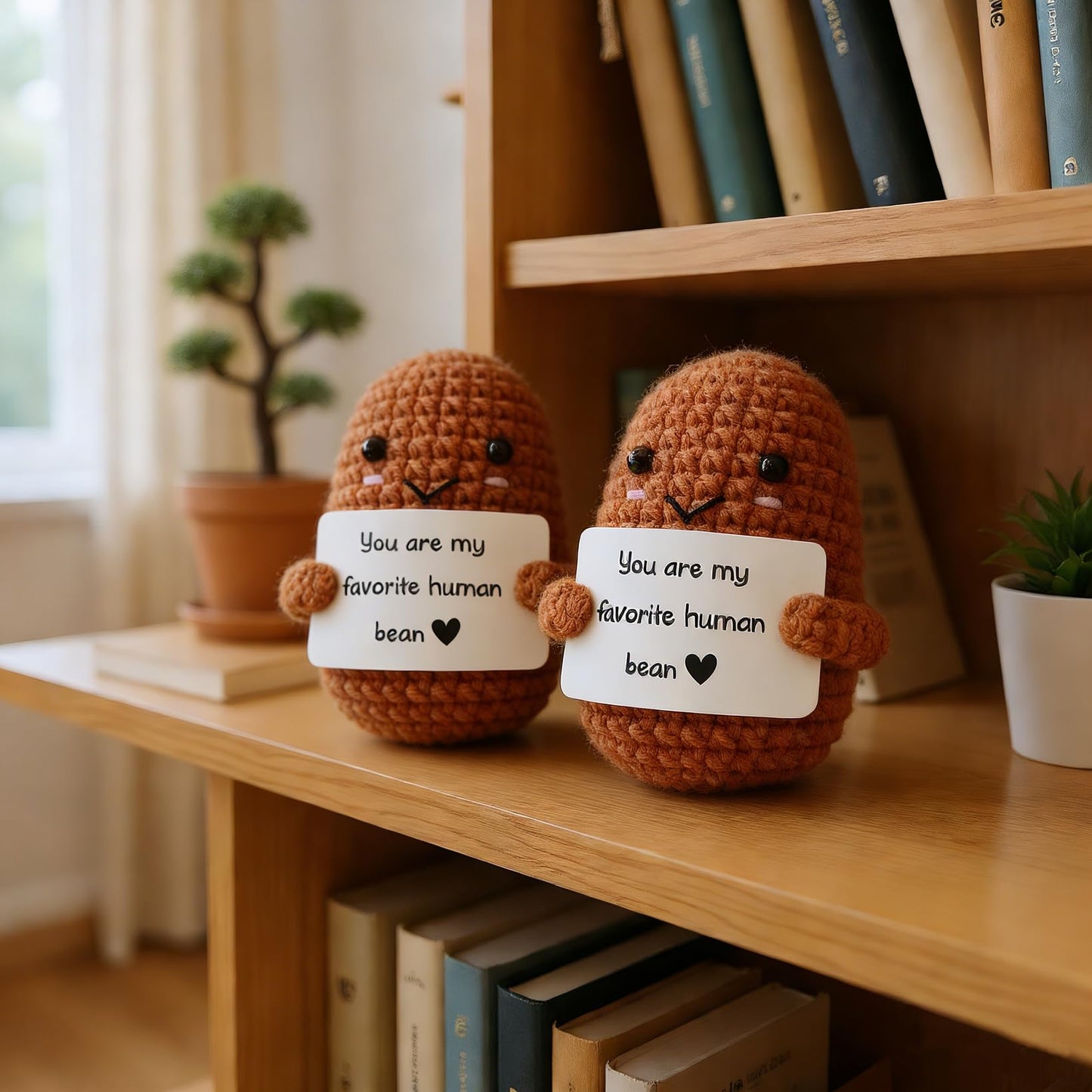 Funny Emotional Support Ornament, Creative Gift Handmade, Crochet Positive Bean Plush Doll with Motivational Message Card, Soft Yarn, 3x1.89 Inch, Desk Companion,Cute Doll,Positive Bean