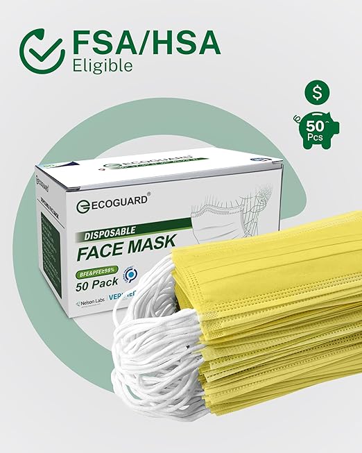 Disposable Face Masks Made in USA, 4 Ply for Families, Students, Breathable All-Day Wear & Safety, FSA HSA Eligible, ASTM Level 3 Medical Grade, 50 Pack, Bright Yellow