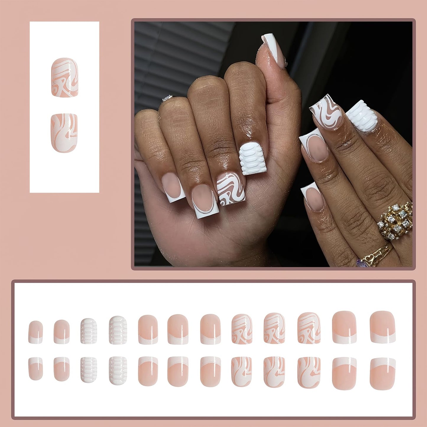 MKWNTG French Tip Press On Nails - Square, Short, Glossy, Full Cover, White Striped Design, Reusable Artificial Acrylic Nails for Women & Girls (24Pcs)