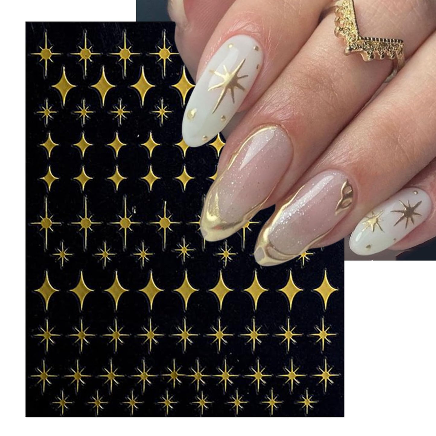 IDDFEVE Gold Heart Nail Art Stickers - Valentines Day Star Self-Adhesive 3D Nail Decals for DIY Golden Manicure (6 Sheets)