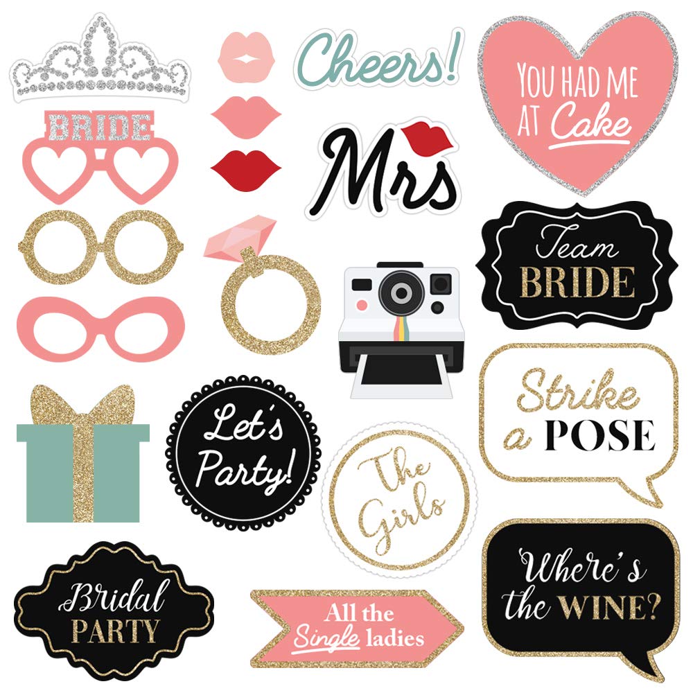Fully Assembled Wedding Photo Booth Props - Set of 40 - Gold, Pink, Teal, & Silver Selfie Signs - Wedding Party Supplies & Decorations - Cute Designs with Real Glitter - Did We Mention No DIY