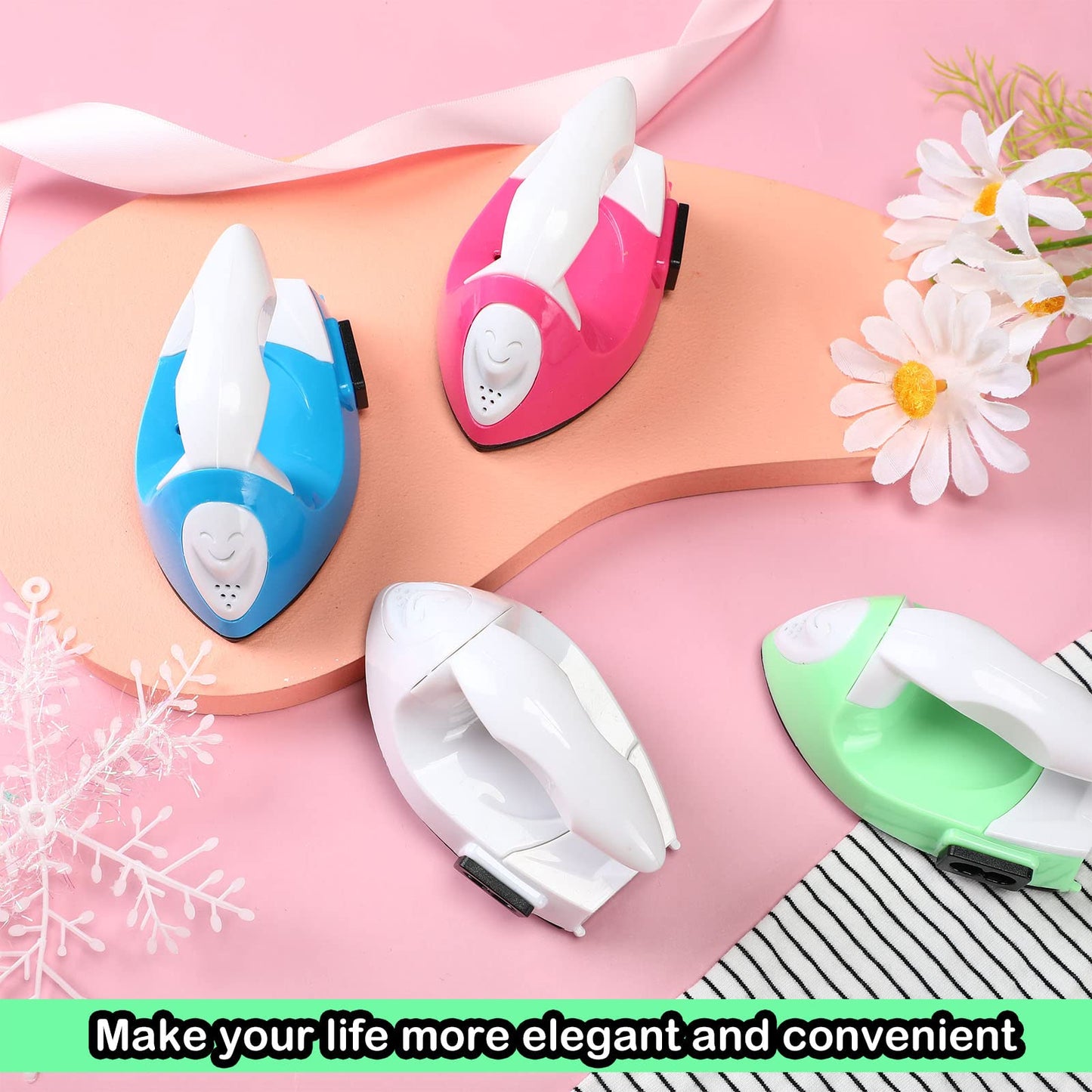 Zhehao 4 Pcs Mini Craft Iron Small Heat Press 3.39 x 2.36 x 2.56 Portable Heat Transfer Machine with Charging Base Accessories DIY Clothe Bead Patch Bag Hat Vinyl(Rose Red, Green, Blue, White)