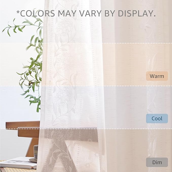 jinchan Winslow White Linen Curtains for Bedroom 108 Inches Length Embroidered Bordered Floral Curtains for Living Room Farmhouse Decor Light Filtering Window Treatments White on White Drapes 2 Panels