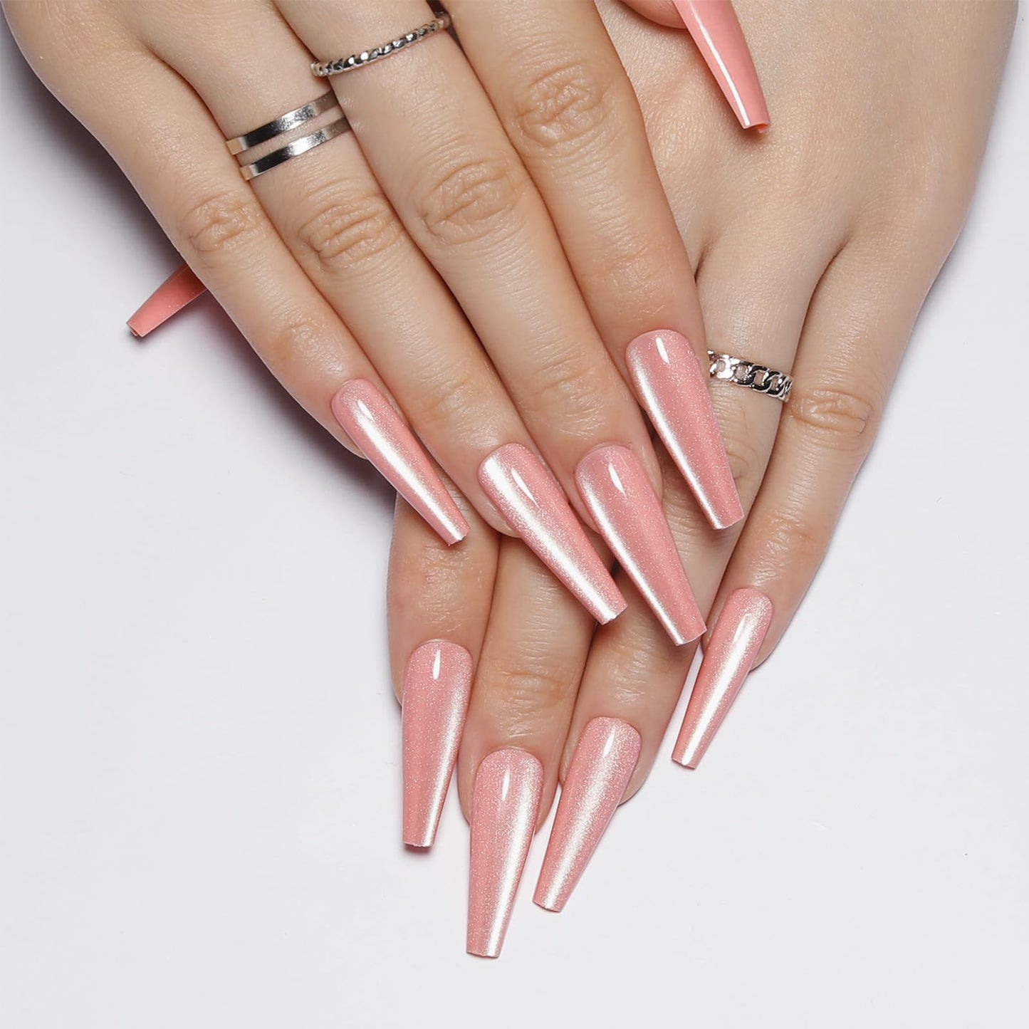 Handmade Press on Nails - Soft Pink Fake Nails | Velvet Effect Design Light Color Nails | Glossy,Glitter,Gradient Color,Reusable Long Acrylic Nails | 12 Sizes - 24 Nail Kit with Jelly Glue