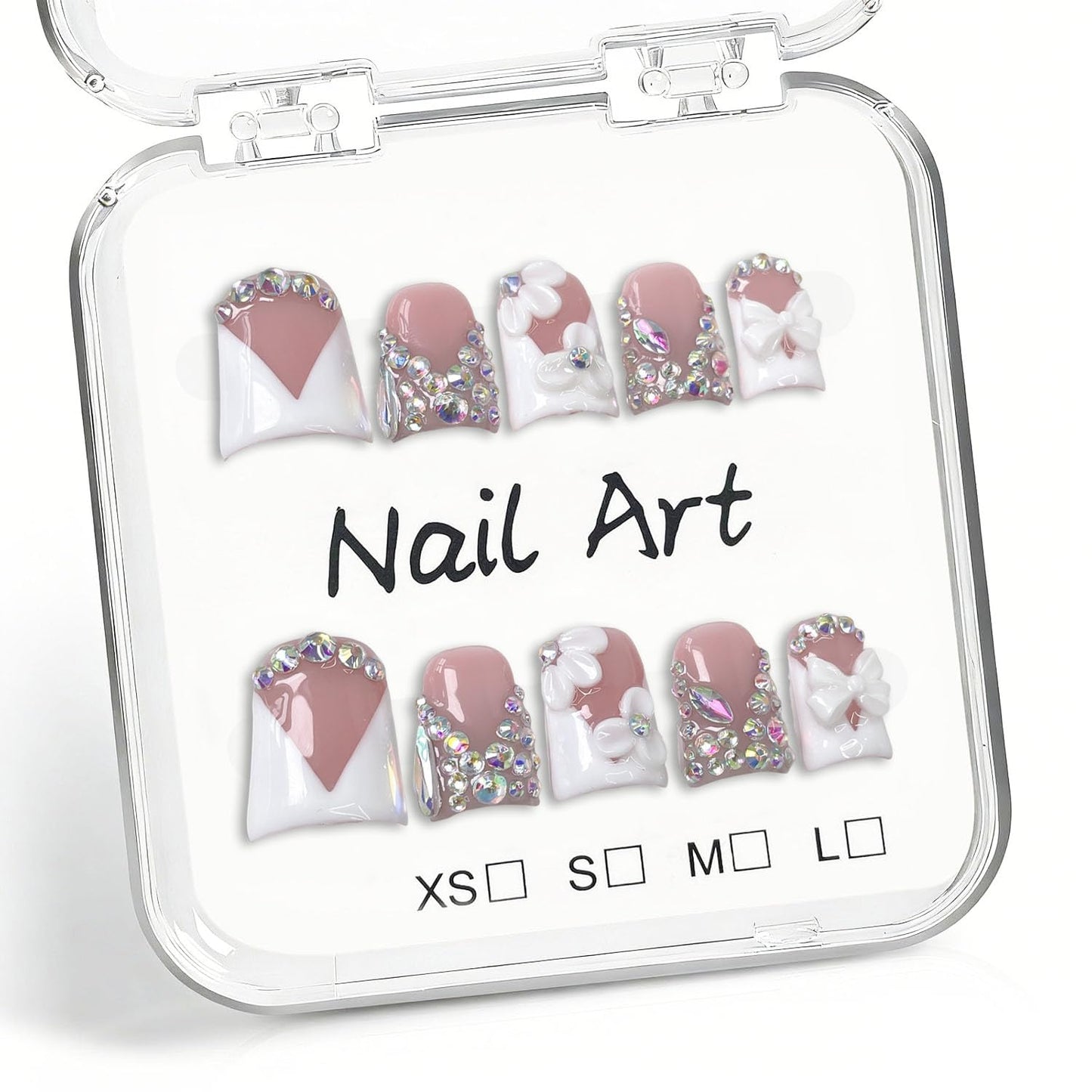 Flower Handmade Press on Nails 3D Floral Short Length Duck White French Tips Fake Nail Handmade Rhinestone Design Reusable Muti-Layer Gel Acrylic False Nails for Women (M)