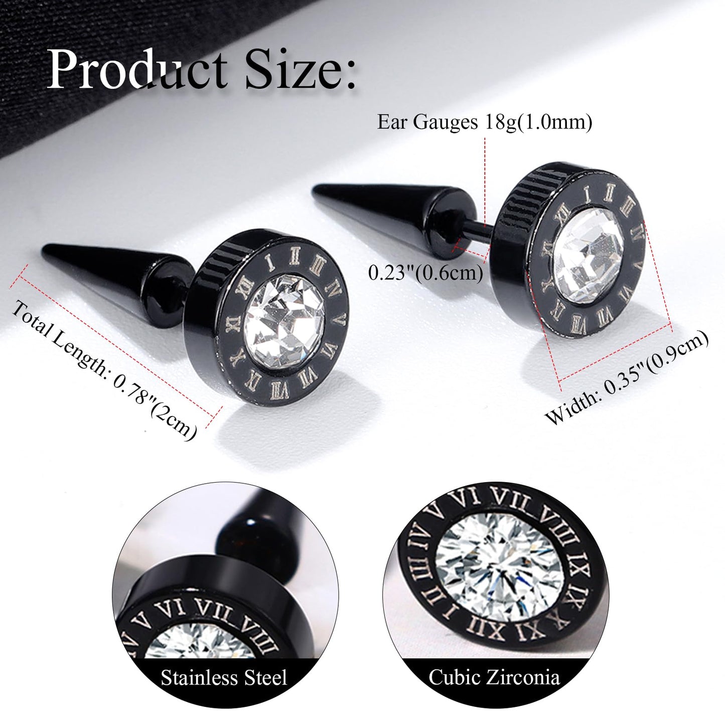 Aroncent Mens Stud Spiked Earrings: Stainless Steel Round Roman Numerals White Gold 9mm Hypoallergenic Black Cubic Zirconia Stud Earrings for Men Women