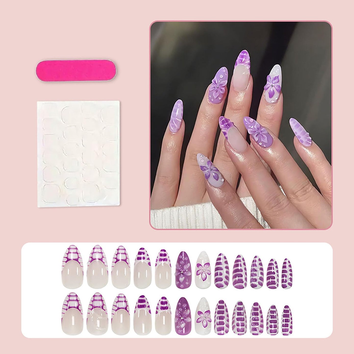 FIEONCIY Press on Almond Nails Short Length Glossy Acrylic Almond Shaped False Nails with Designs Artificial Medium Fake Nails with Charms Glue Stick on Fingernails for Women Girls(WSJ2402)