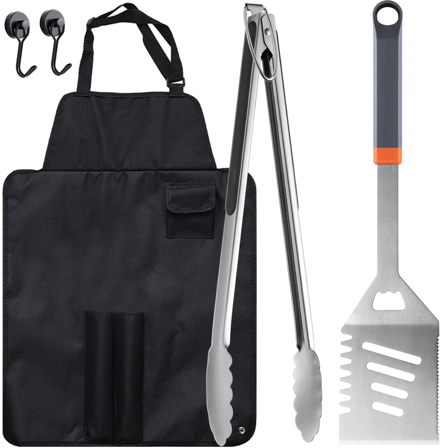 5PCS Grill Tools Set, BBQ Grilling Accessories with Spatula Tongs Apron Hooks, Portable Grill Utensils Set, Stainless Steel Grilling Tools Kit, Camping Tailgating Gifts for Men Dad