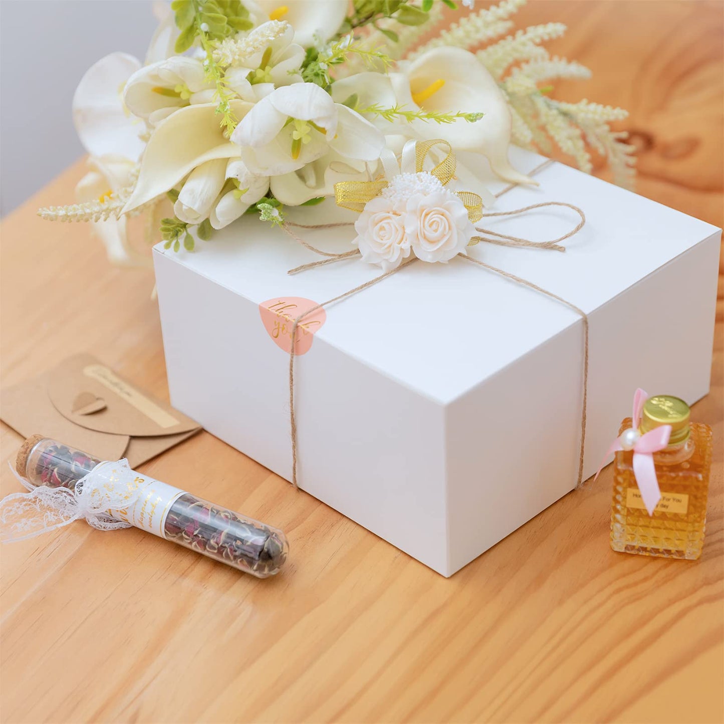 YUEFANBOX 12 Pack White Gift Boxes, 8x8x4in, with Lids, 80ft Twine, Stickers & Tape, Easy Assemble for Bridesmaid Proposal, Wedding, Party Favors