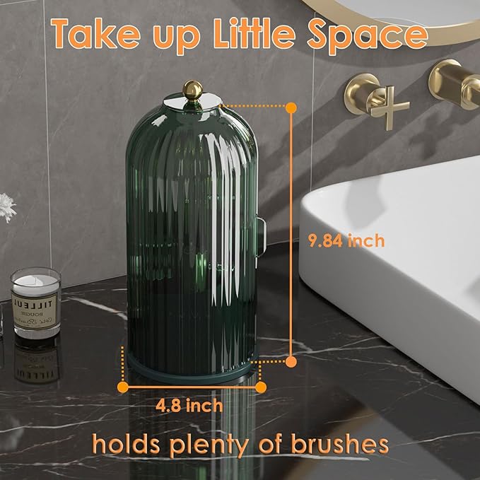 Makeup Brush Holder with Lid 360 Rotating Clear Dustproof Make Up Organizers for Vanity Bathroom Countertop, Green