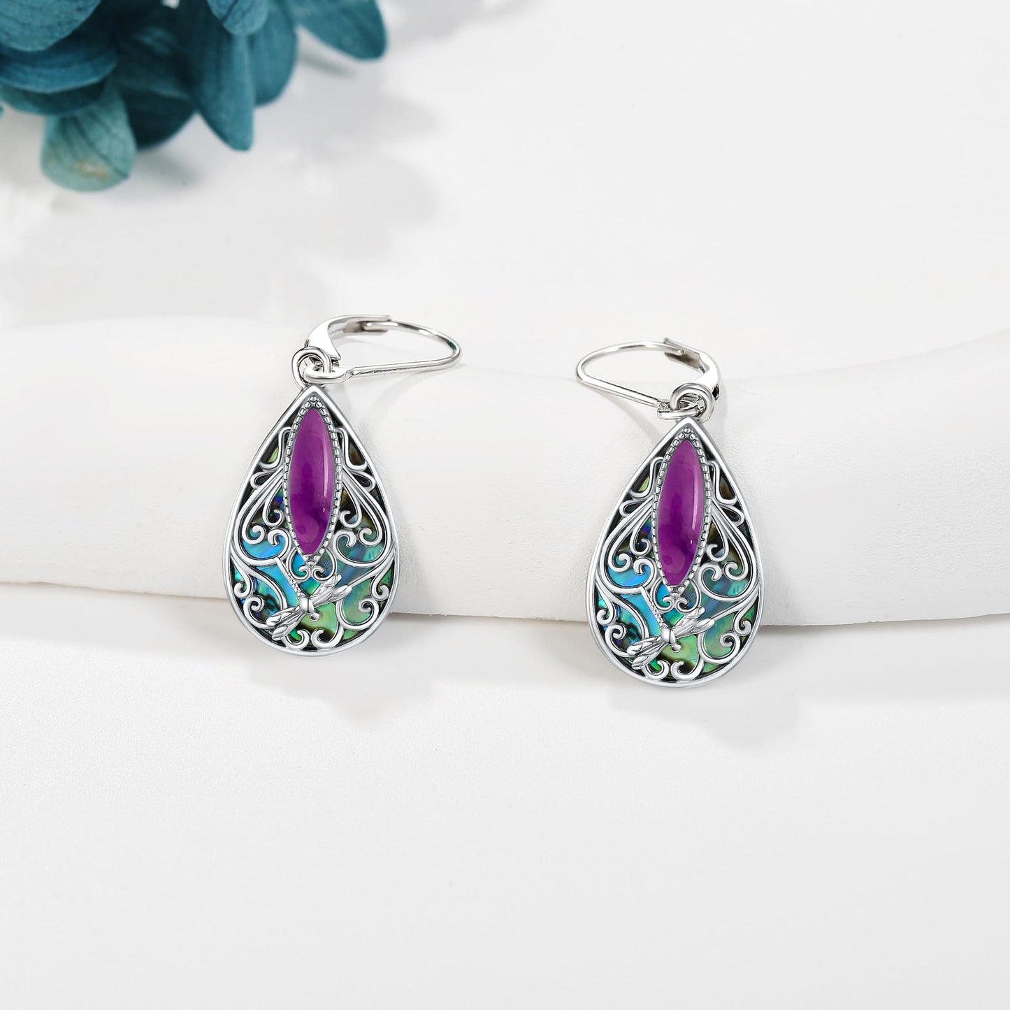 Dragonfly Filigree Earrings Sterling Silver Teardrop Amethyst Leverback Earrings Gifts For Women Jewelry