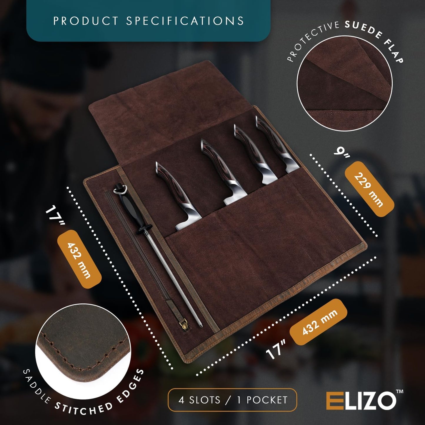 ELIZO Leather Knife Roll Chef Knife Bag Professional Chef Knifes Roll Bag Travel Storage Carrying Case Wrap Holder Sheath Kitchen Carrier Protectors Sleeve Tool Chefs Gift Grizzly