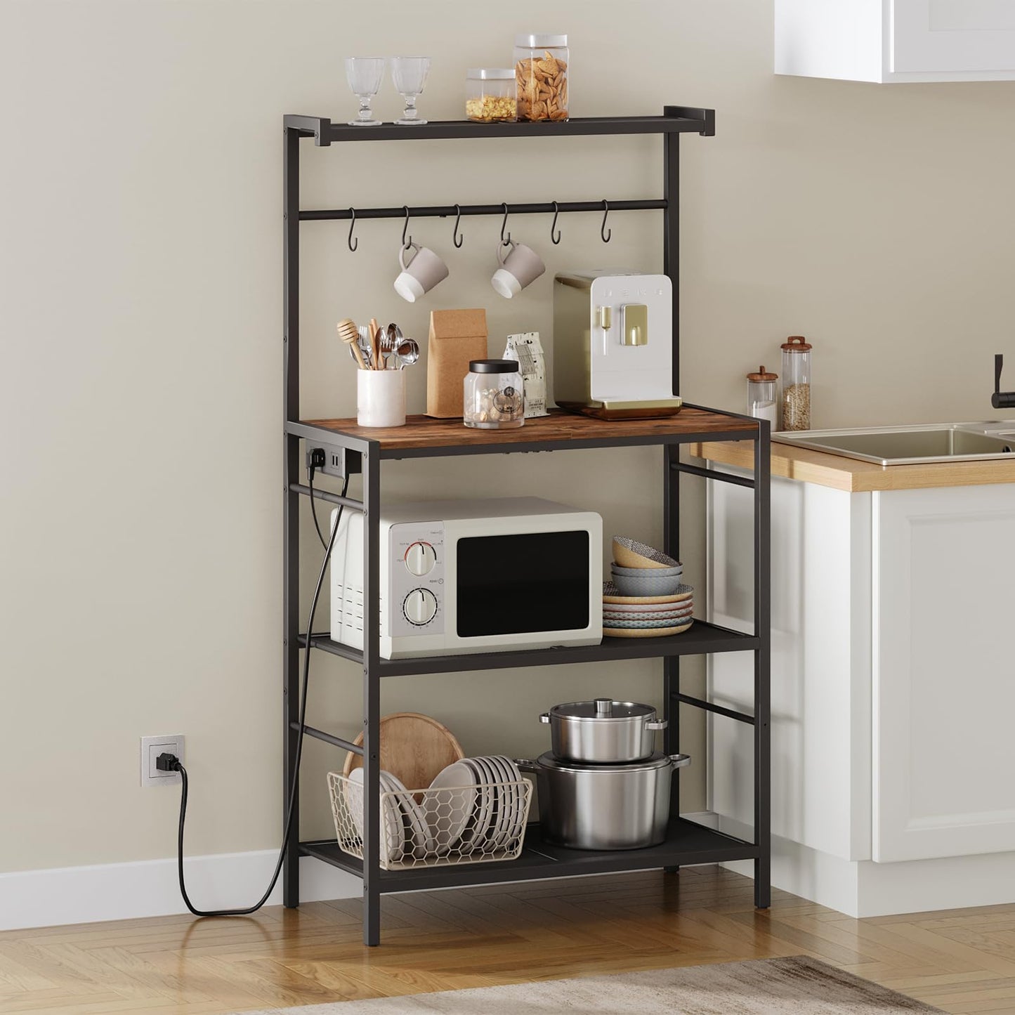 MAHANCRIS Bar Cart for Home and Bakers Rack with Power Outlet Bundle, Microwave Stand with Storage, RCJM6101-BRHR351E01