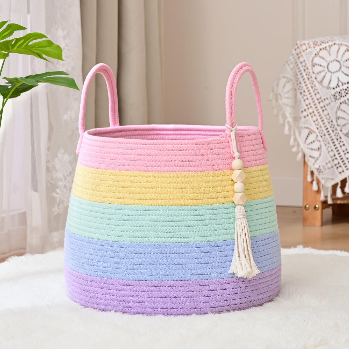 Degeyoyo Large Nursery Hamper, 30L Blanket Basket with Handle, Baby Laundry Basket for Gift, Toy, Clothes, Woven Storage Basket with Wooden Bead Decor, Baby Hamper for Nursery(Rainbow)