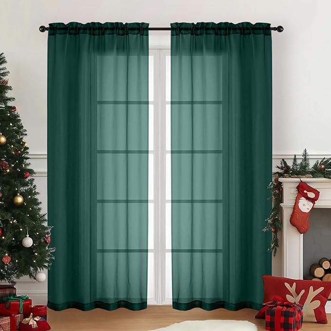 Green Sheer Curtains for Window 72 inches Long 2 Panels, Soft Airy Light Filtering Sheer Curtains for Christmas Decoration, Dual Rod Pocket Solid Window Drapes, Hunter Green, 2x42Wx72L inches
