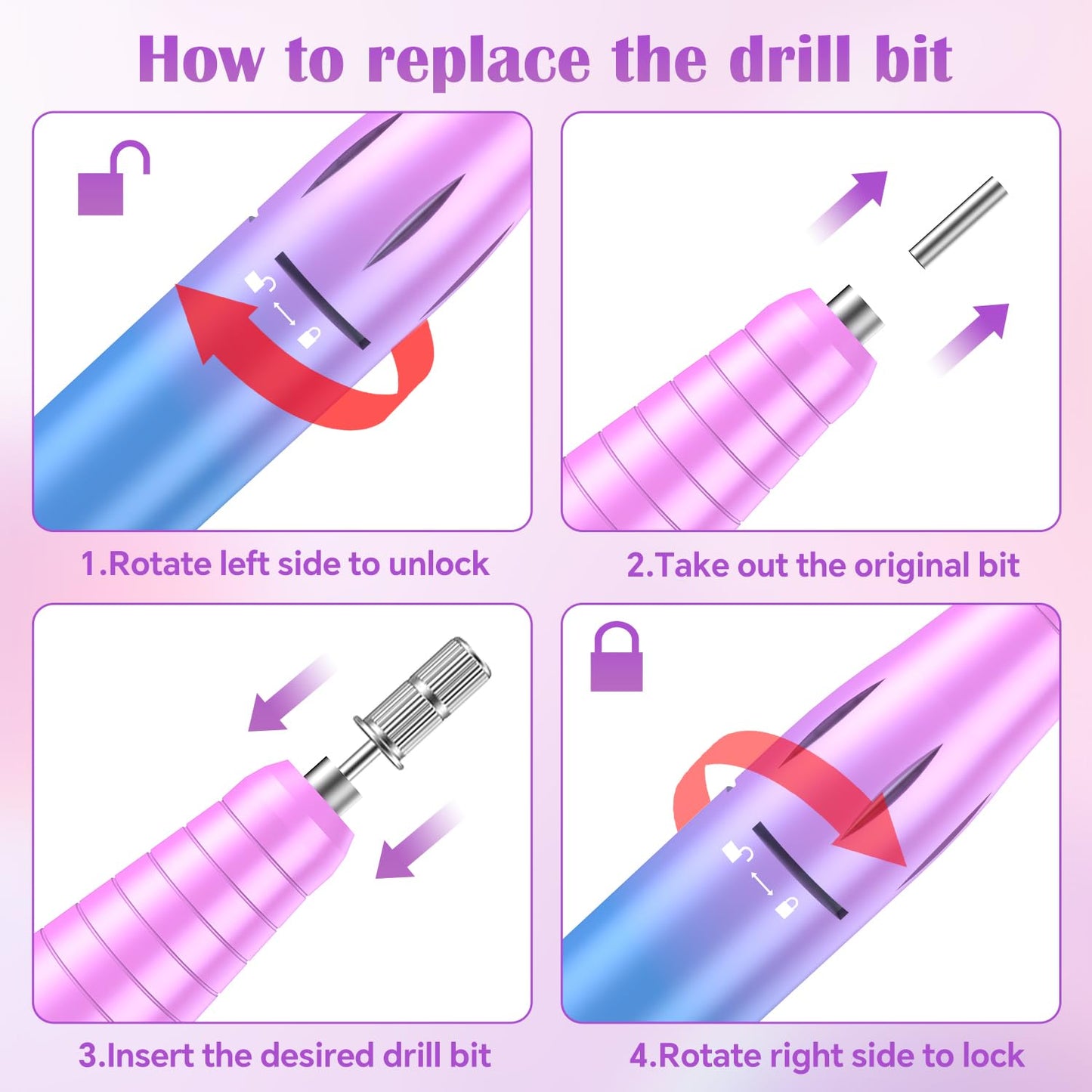 Nail Drill Professional, 45000 RPM Rechargeable Electric Nail File Kit for Acrylic & Gel Nails, Portable Manicure Pedicure Tool for DIY Home or Salon, with 11 Nail Drill Bits & Sanding Band Set