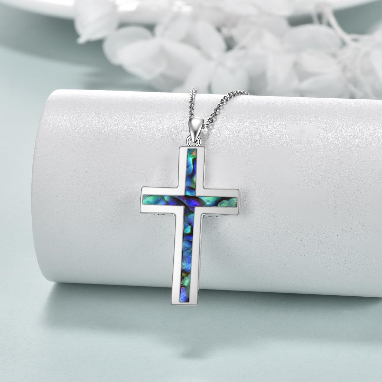 YFN Cross Necklace Sterling Silver Abalone Shell Cross Pendant Religious Jewelry Gift for Women Men