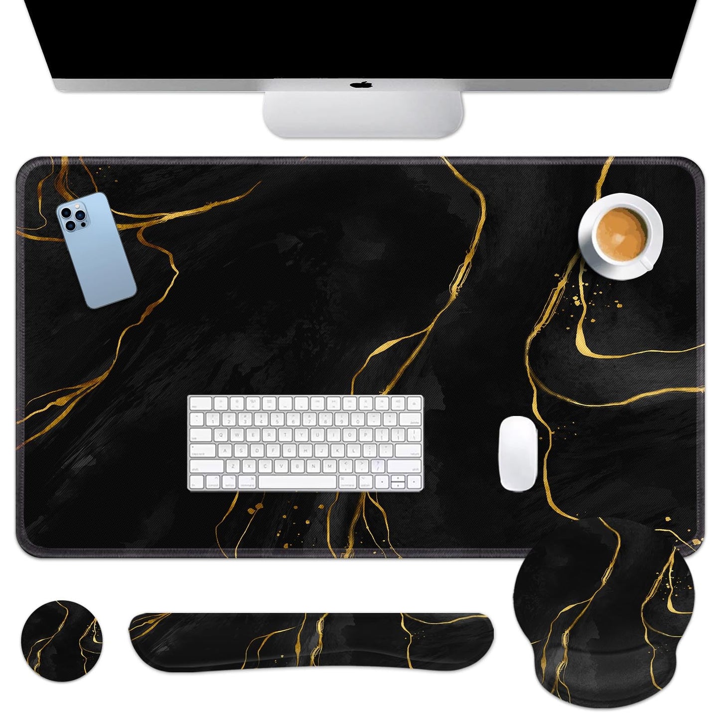 Britimes Black Gold Marble Keyboard Mouse Pad Set 4in1 Large Mousepad+Keyboard Wrist Rest+Mouse Wrist Rest+Coaster Ergonomic Design for Home Office Computer 35.4x15.7 inches