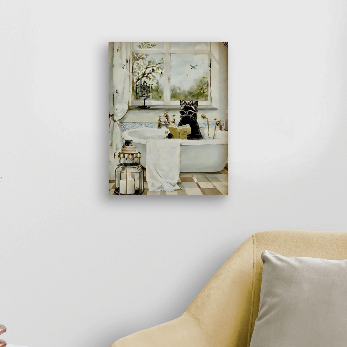 WODMIS Funny Black Cat Reading Bathroom Wall Decorations Framed Canvas Art, Black Cat Gifts, Whimsical Kitten Reading in Bathtub Decor Canvas Home Decorations for Bathroom Washroom Wall Decor 11x14
