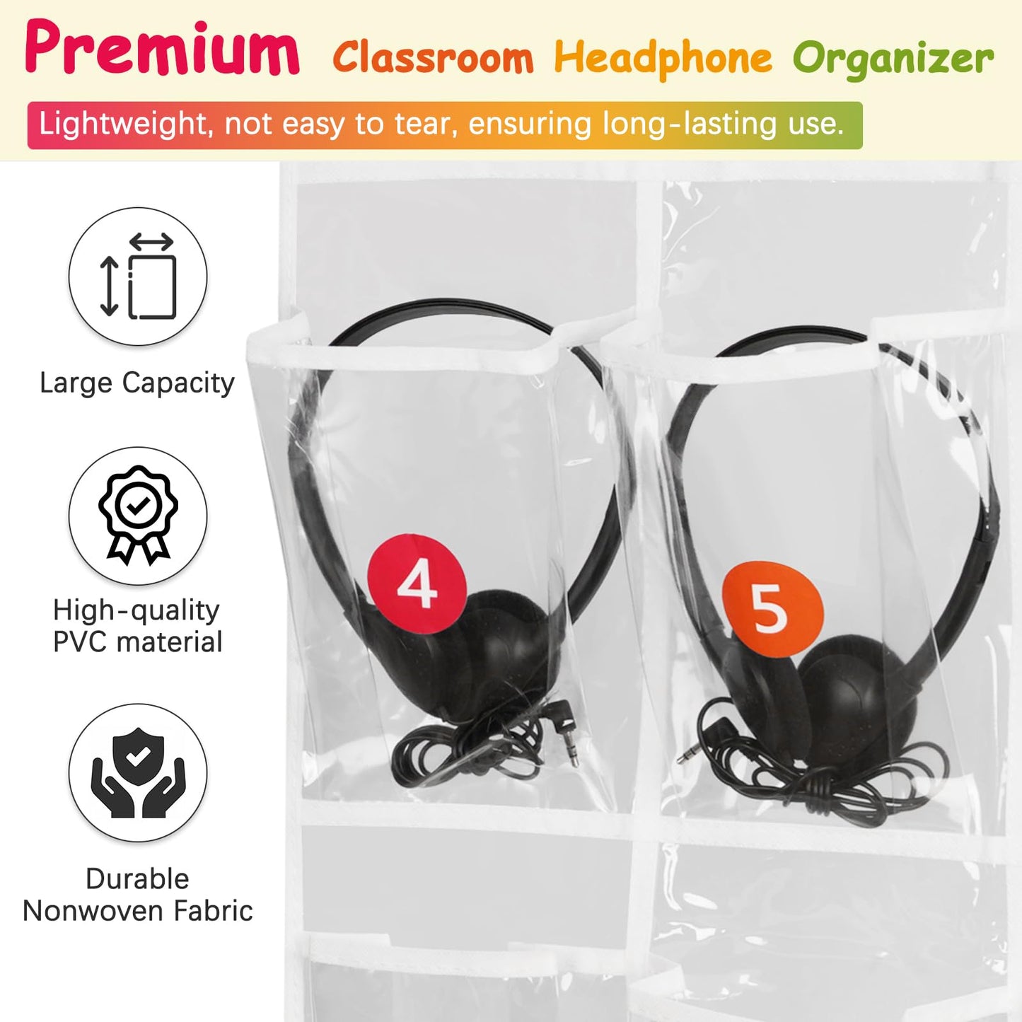 Olpchee 2 Pack Classroom Headphone Storage Organizer with 30 Pockets, PVC Clear Classroom Pocket Chart for Headphone Cell Phone Over-the-Door Hanging Headphone Holder Bag with 62 Labels(White)