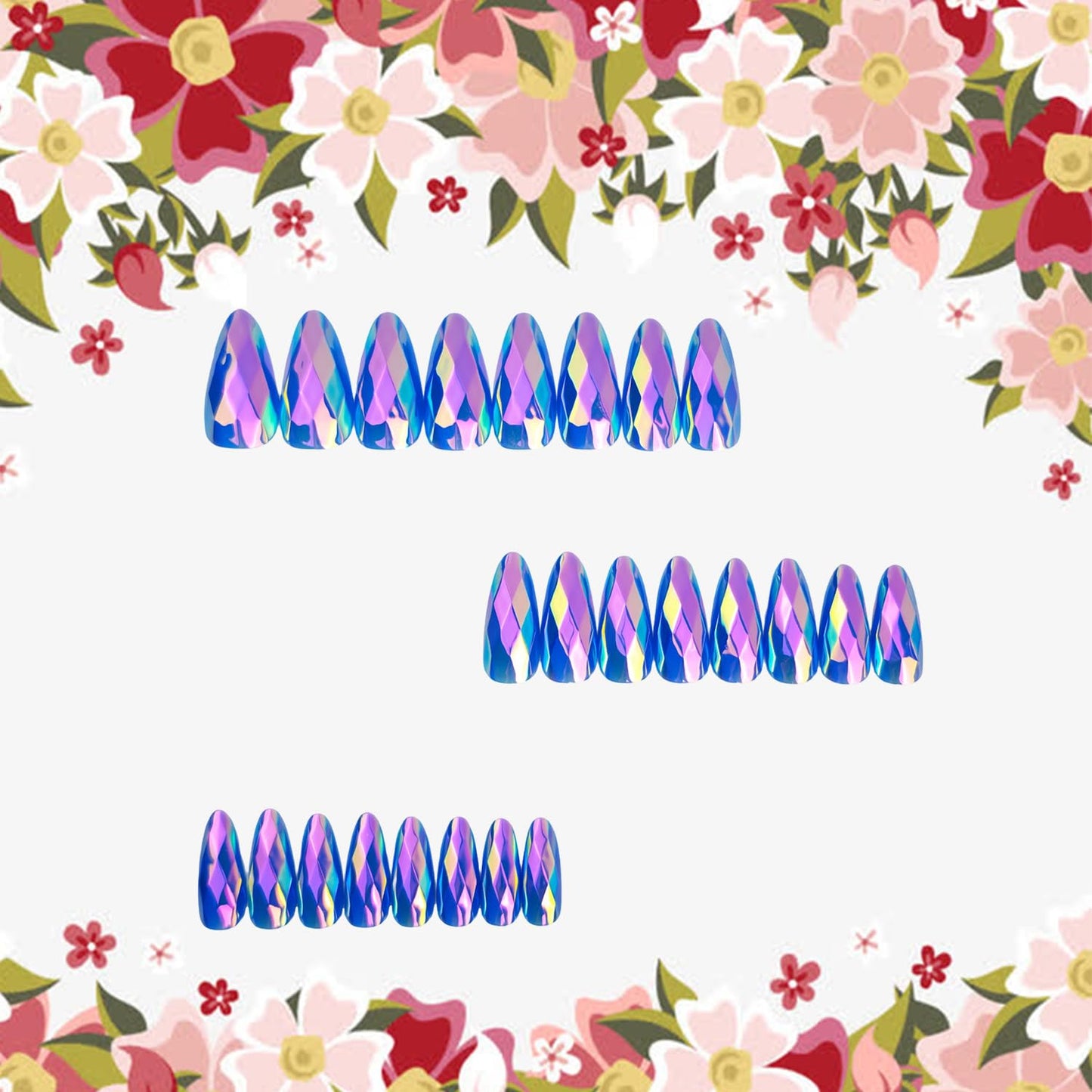 Dark Blue Press on Nails Medium Almond Artificial Acrylic Fingernails 3D Reusable Rainbow Gradient Diamond-Shaped Electroplating Design Full Cover Glossy Glue on Artificial Nail for Women Manicure