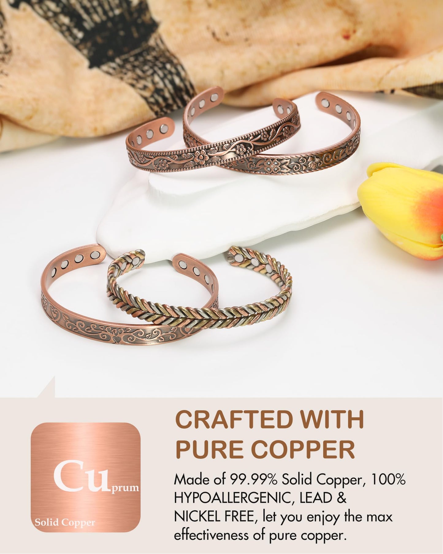 Feraco Copper Bracelet for Women, Ultra Strength Magnetic Bracelets, 99.99% Pure Copper Cuff Bangle with 3500 Gauss Neodymium Magnets, Adjustable