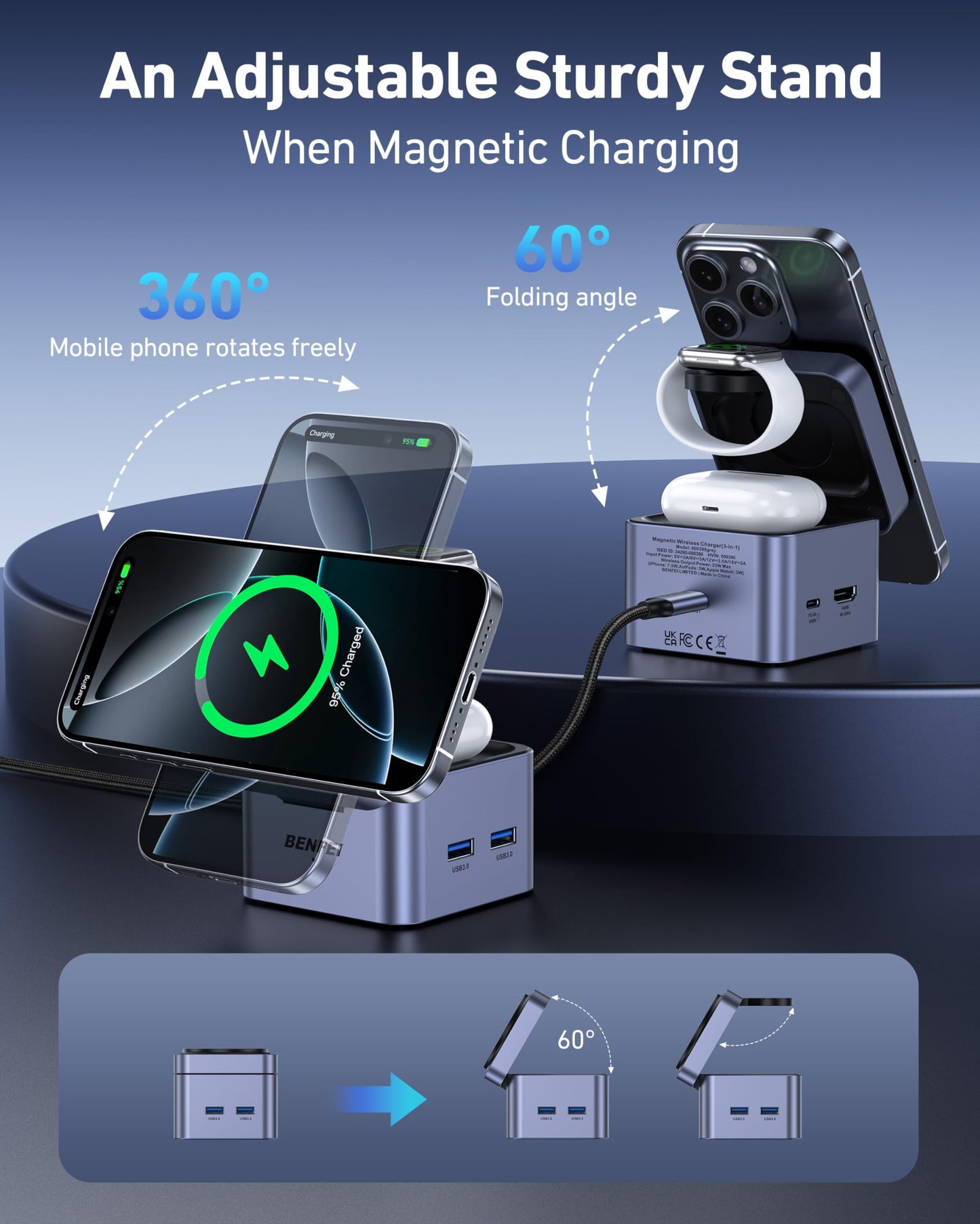 BENFEI 3-in-1 Foldable MagSafe Charger Stand with USB C Hub, Wireless Charging Station for iPhone 16/15/14/13/12, Apple Watch & AirPods, Supporting HDMI (4K@60Hz), 100W PD, 2X USB 3.0 (5Gbps)