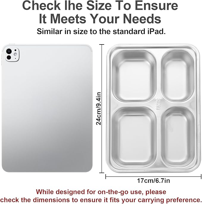 3Pcs Stainless Steel Snack Containers with Lids, 4 Compartments Bento Snack Boxes Reusable Metal Food Fruit Storage Prep Containers for School Home Travel