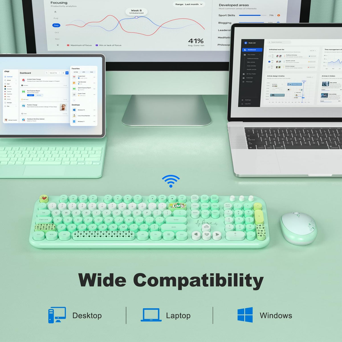 KNOWSQT Wireless Keyboard and Mouse Combo - Lovely Green Rainbow Full-Sized Typewriter Colorful Keyboards, Round Keycap USB Plug Play Retro Cute Keyboards for Windows, Laptop, PC, Desktop, Computer
