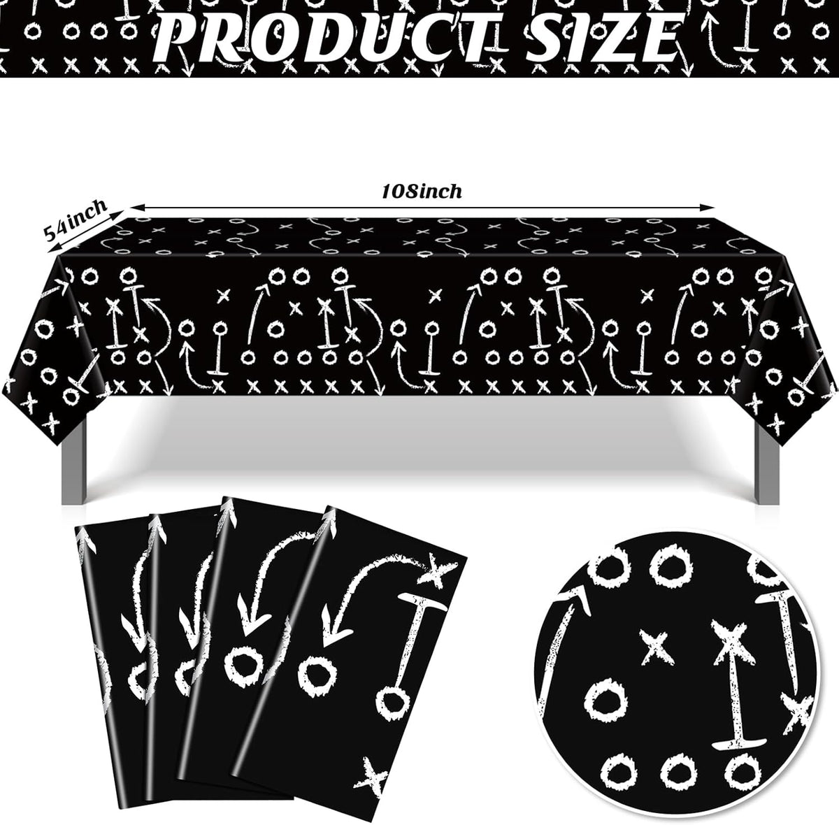 4 Pack Football Tablecloths, Football Themed Tablecloths Party Favor Supplies, Disposable Plastic Rectangle Table Covers for Sports Birthday Party Decoration, 108 x 54 Inch(Black)