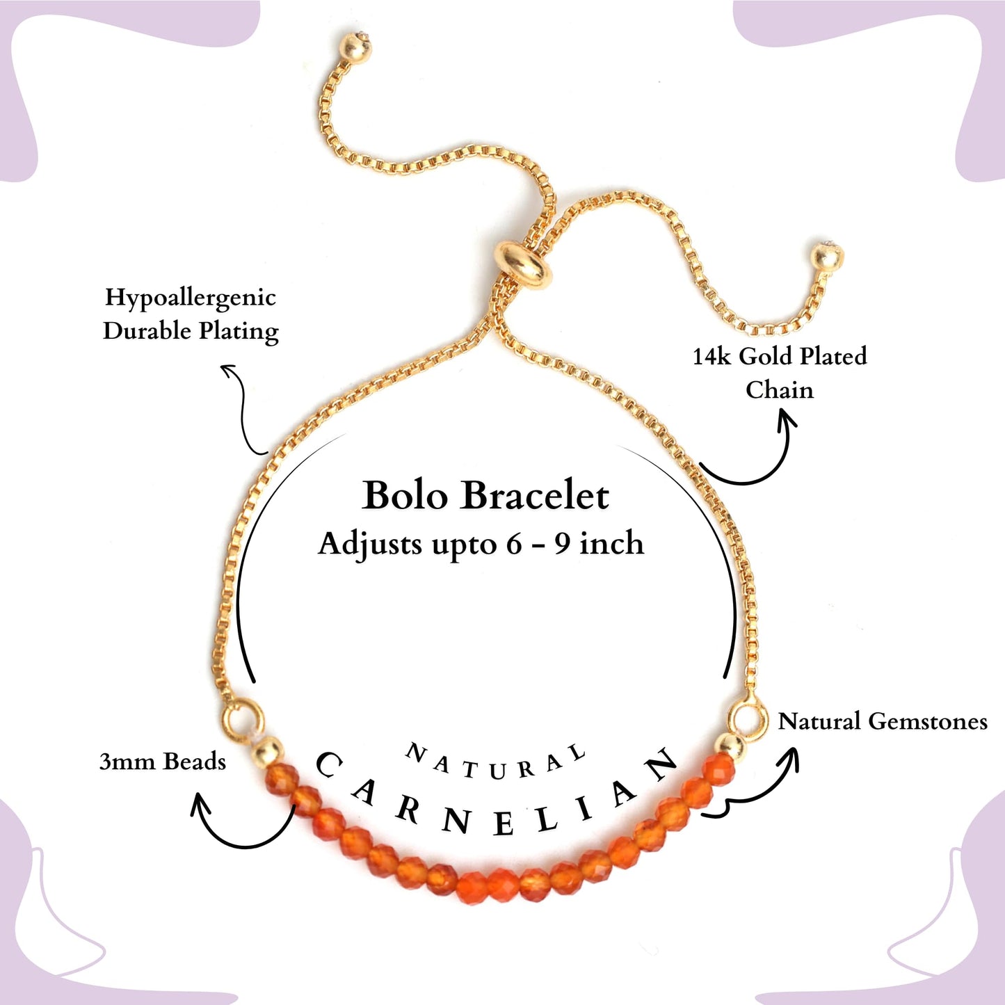 Gempires Real Carnelian Beads Bracelet, Orange Beaded July Birthstone Bracelet, Pull String Adjustable Bracelet, Gemstone Jewelry Gold Plated Chain (6-9 inch Adjustable Length)