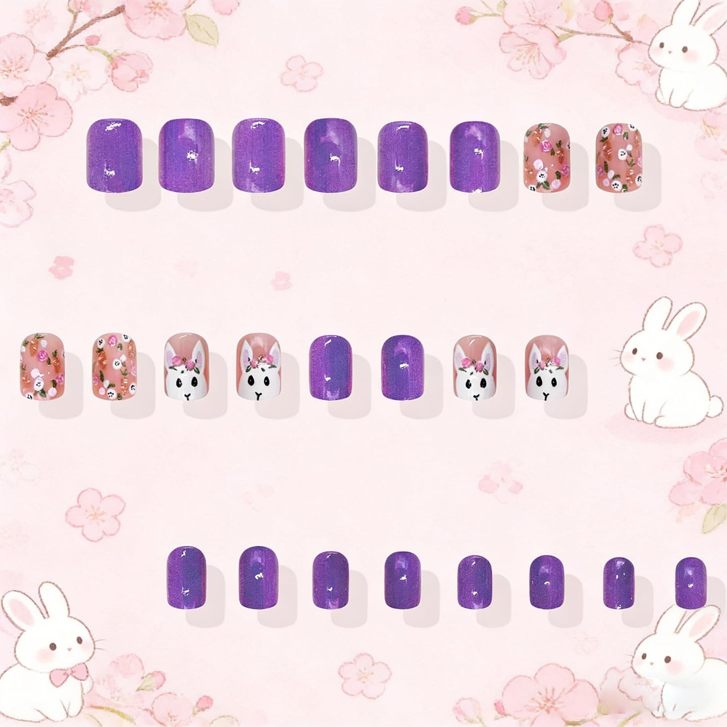 Easter Bunny Press on Nails Short Square Fake Nails with Spring Summer Floral Carrot Pattern Easter Nail Press ons Glossy Purple False Nails Flower Rabbit Glue on Nails for Women 24Pcs
