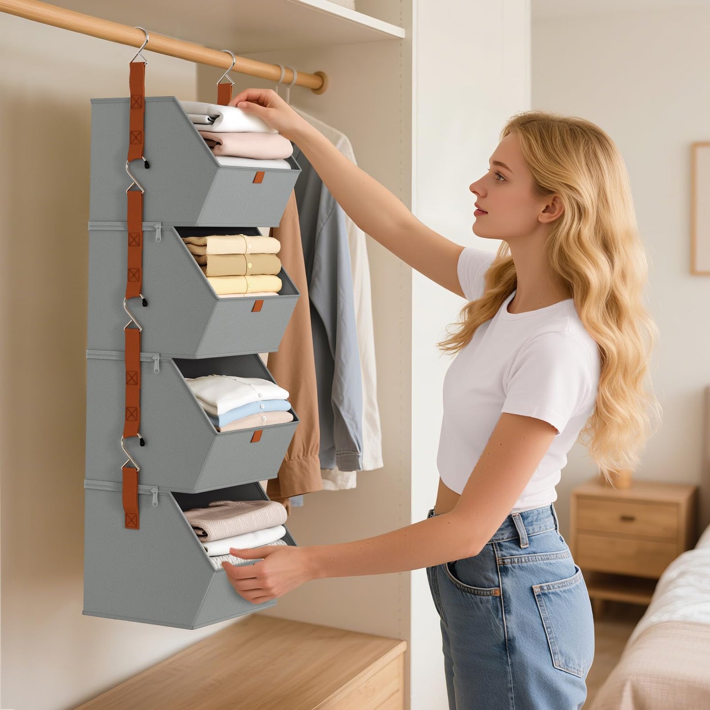 Homsorout Hanging Closet Organizer 4 Tier - Clothes Hanging Shelves, Space-Saving Closet System, Fabric Storage Bins Bedroom Organization, Collapsible Baskets for Home, Dorm, Rv, Grey
