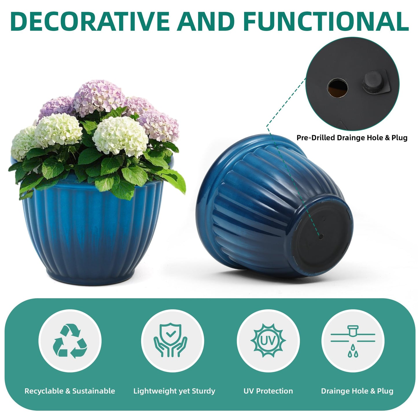 Ultym 15" Outdoor Large Flower Pots (Set of 2), Gradient Blue Plastic Planters with 3D Texture, Weather-Resistant for Garden, Patio, Porch or Indoor Use