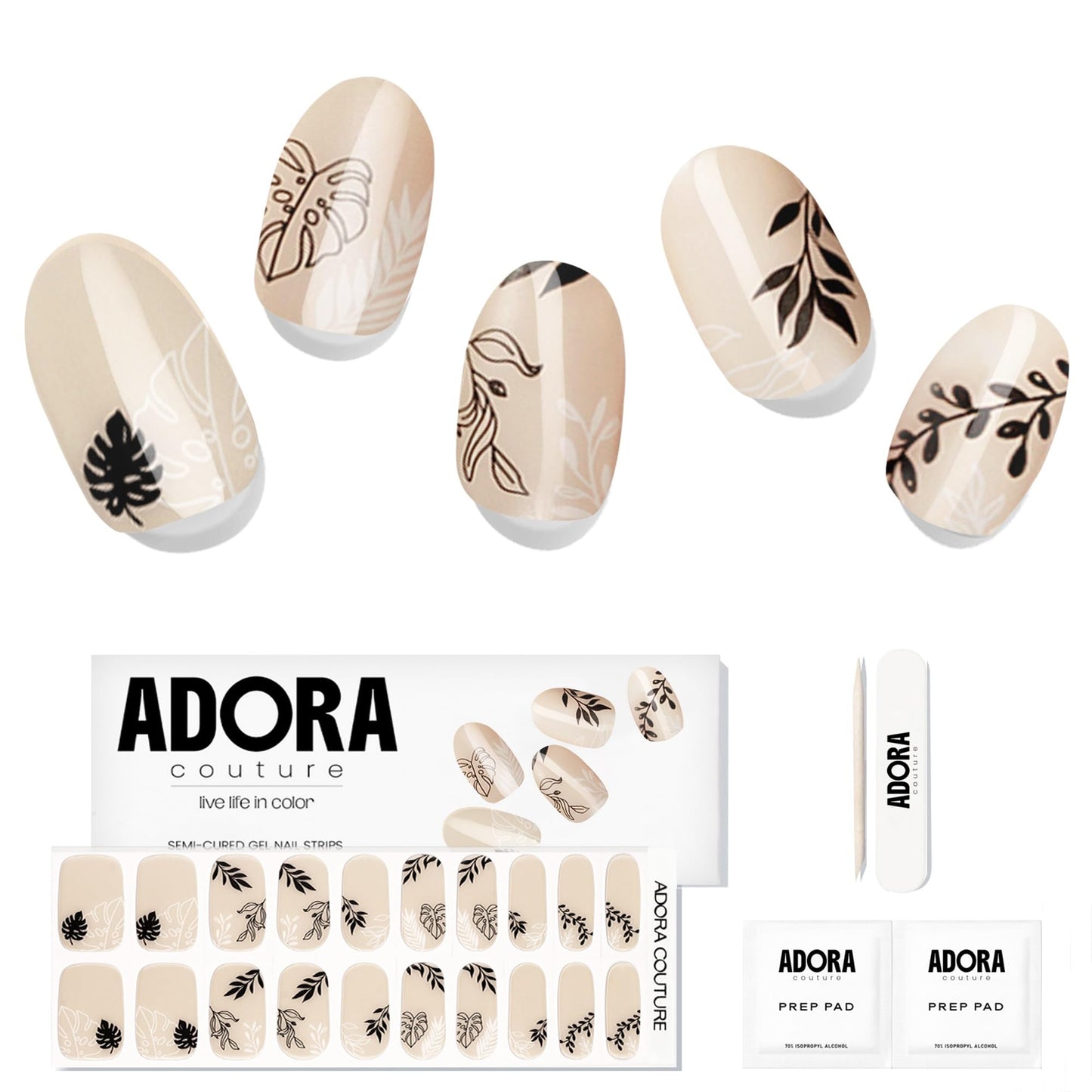 Semi-Cured Gel Nail Strips - 20 Salon-Quality Gel Sticker with UV Light Required, Long Lasting, Easy Application & Removal, Includes Prep Pad, Nail File, Wooden Stick (Latte Leaves)