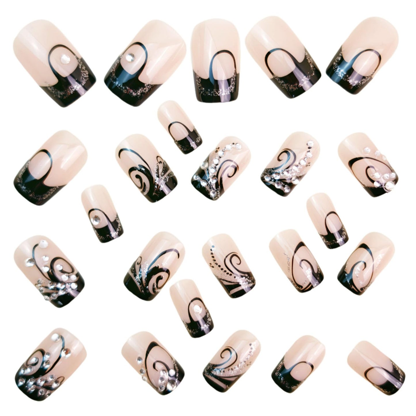 Square Press on Nails Medium Fake Nails with Black Lines Rhinestones Designs Glossy Nails Press ons Nude Glue on Nails Acrylic Nails Artificial Stick on Nails for Women 24Pcs