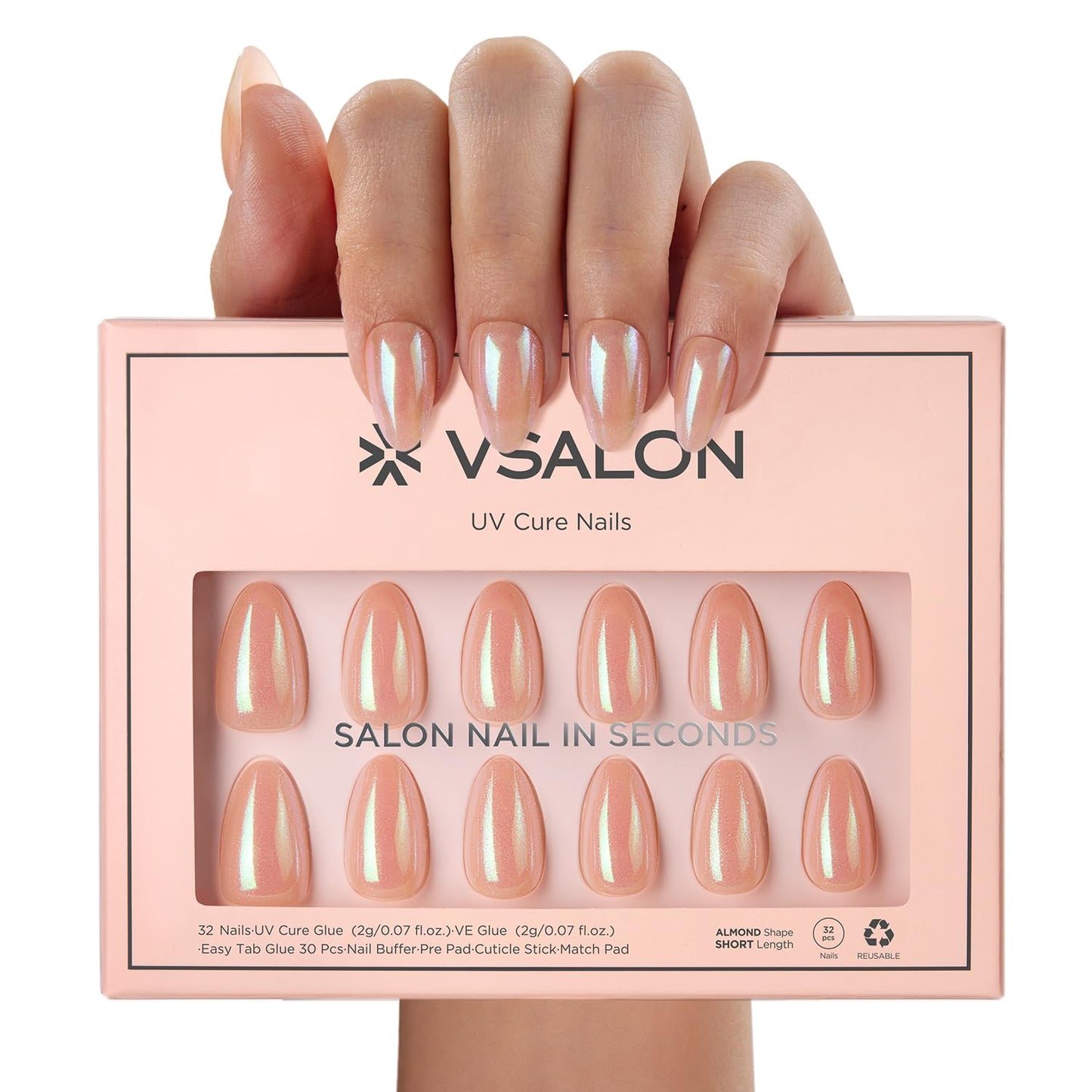 VSALON Press On Nails Short Almond, Nude Pink Pearl Chrome Shimmer Fake Nails With UV Glue, Reusable Stick On Nails Acrylic Neutral Glazed Donut Spring Glue On Nails in 16 Sizes - 32 Nails Kit