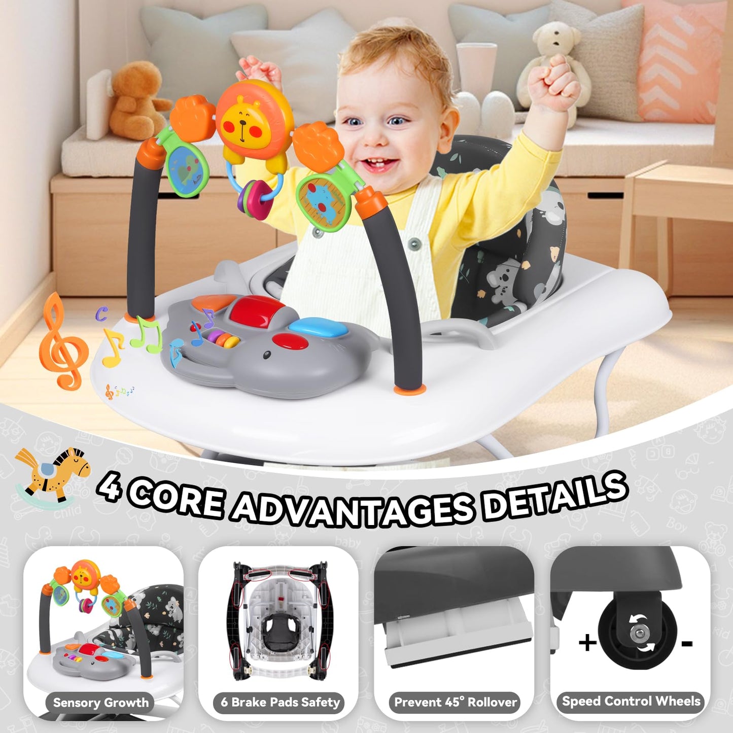 RefoereBabe Baby Walker, 5 in 1 Baby Walkers for Boys Girls 6-12 Months, Foldable Walkers for Babies with Bouncer & Feeding Tray, Music, Adjustable Heights, Activity Walker for Infant
